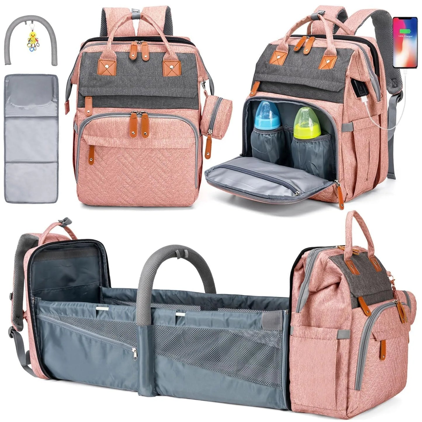 Baby Diaper Bags with Changing Station, Waterproof Large Capacity Diaper Bag Backpack for Moms Dads with USB Charging Port and Stroller Straps, Baby Shower Gifts ，Pink,Green,Blue