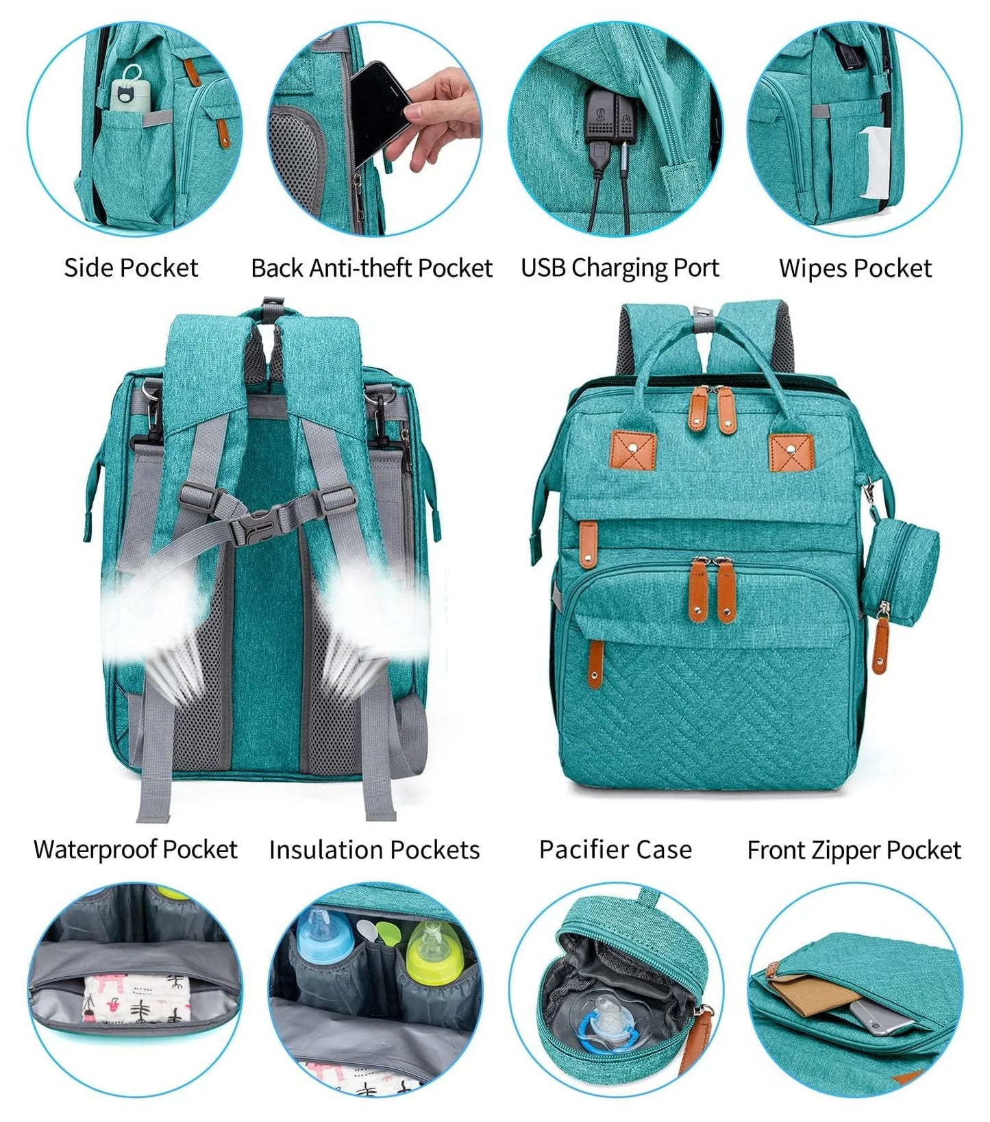 Baby Diaper Bags with Changing Station, Waterproof Large Capacity Diaper Bag Backpack for Moms Dads with USB Charging Port and Stroller Straps, Baby Shower Gifts ，Pink,Green,Blue