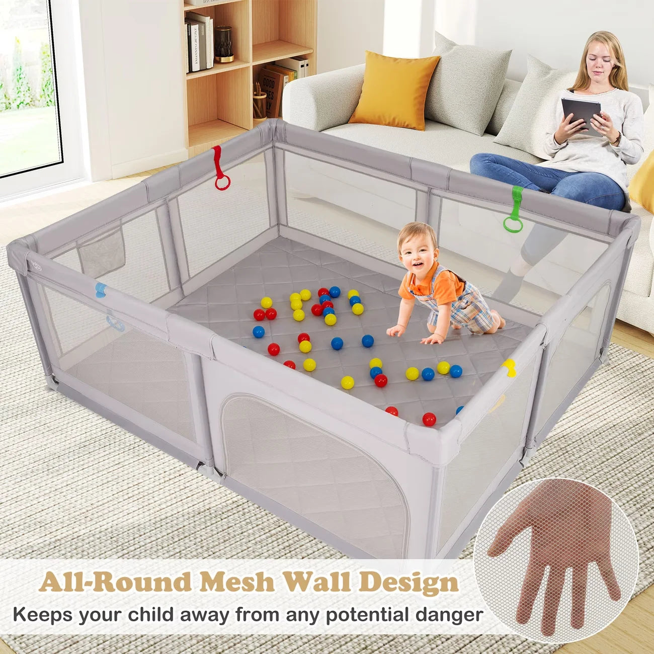 Baby Playpen Kids Activity Center / Large Indoor & Outdoor Baby Fence with Soft Breathable Mesh for Toddlers / Halloween Christmas Gift